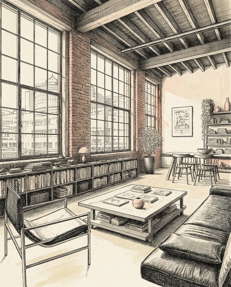 Williamsburg loft interior — steel windows, high ceilings