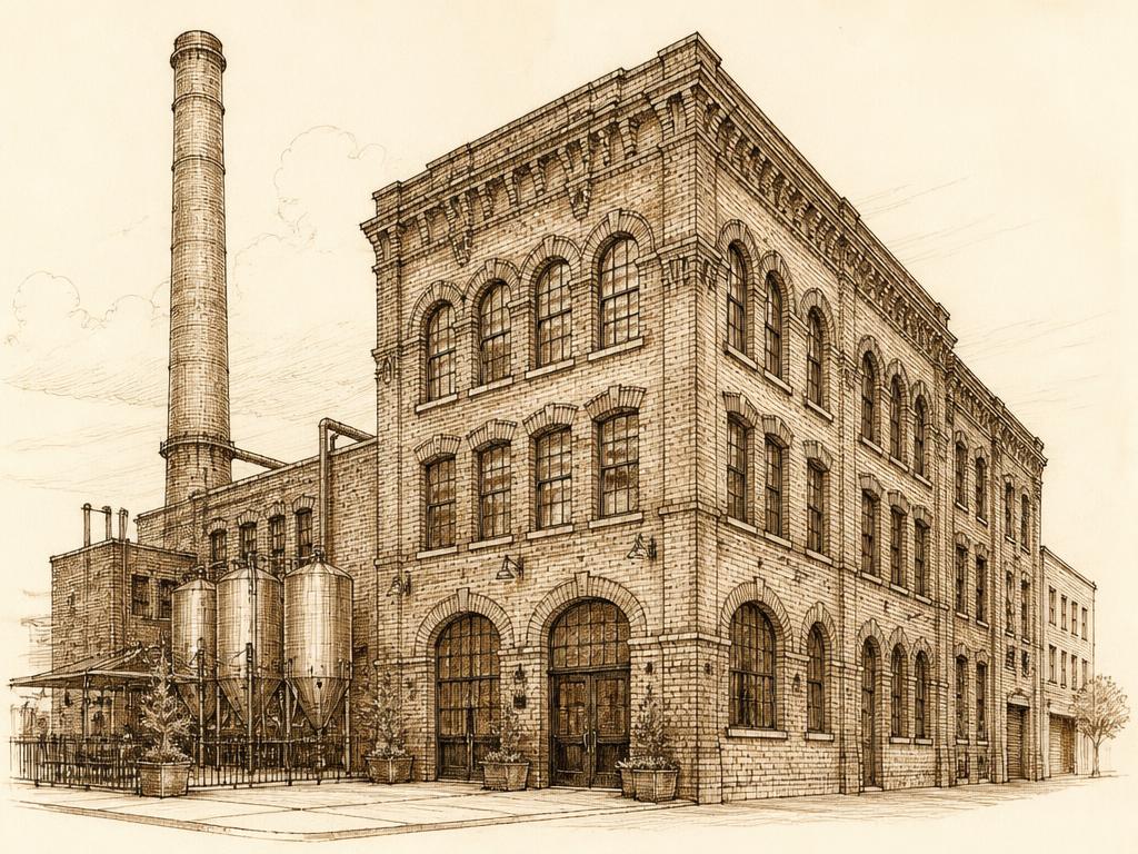 Ink sketch of a Bushwick brewery masonry building